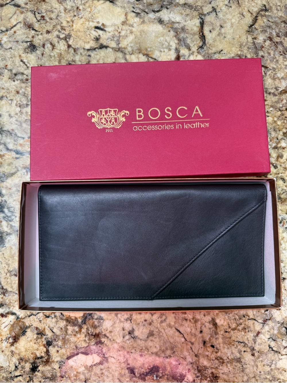 BOSCA Men’s Black Leather Travel Checkbook Wallet Never Used